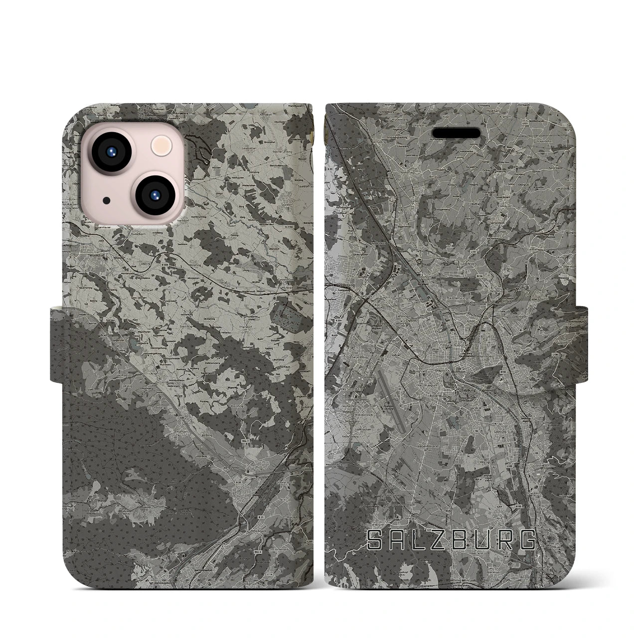 【ザルツブルク(オーストリア)】地図柄iPhoneケース(手帳タイプ)モノトーン・iPhone 13 mini 用