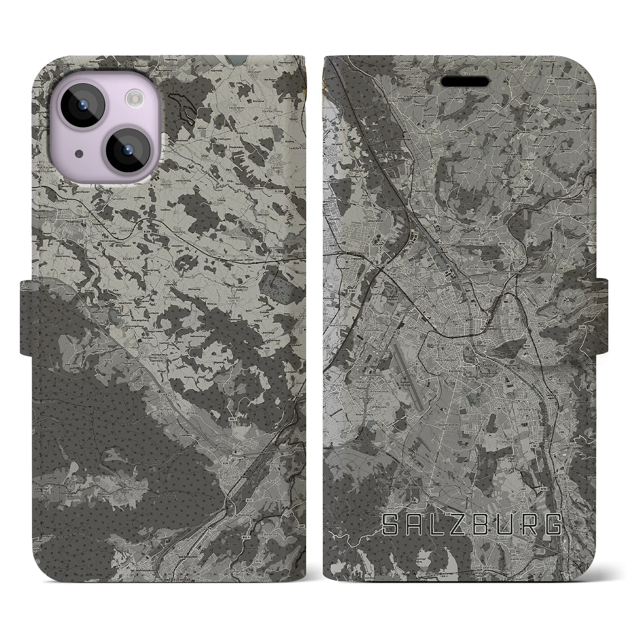 【ザルツブルク(オーストリア)】地図柄iPhoneケース(手帳タイプ)モノトーン・iPhone 14 用