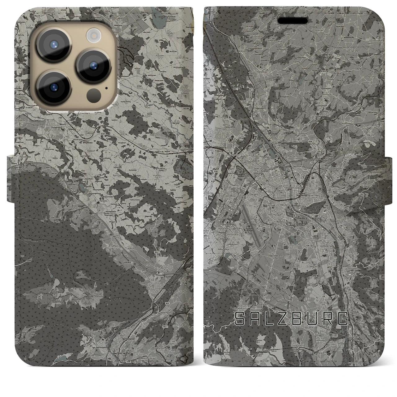 【ザルツブルク(オーストリア)】地図柄iPhoneケース(手帳タイプ)モノトーン・iPhone 14 Pro Max 用