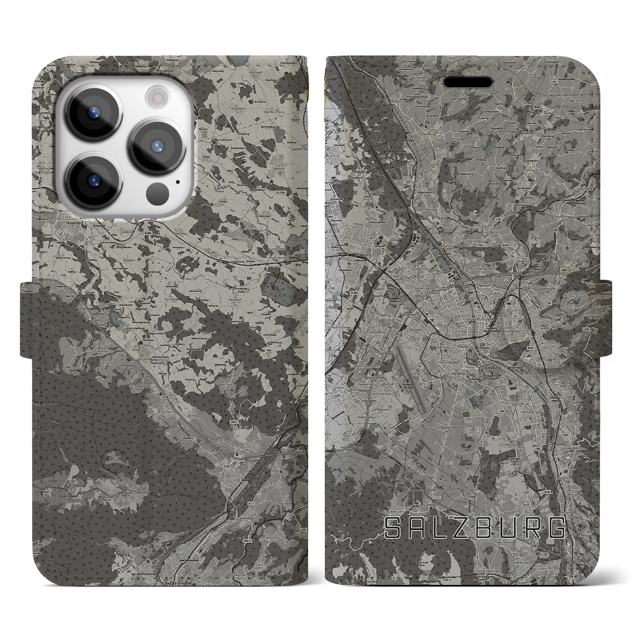 【ザルツブルク(オーストリア)】地図柄iPhoneケース(手帳タイプ)モノトーン・iPhone 14 Pro 用