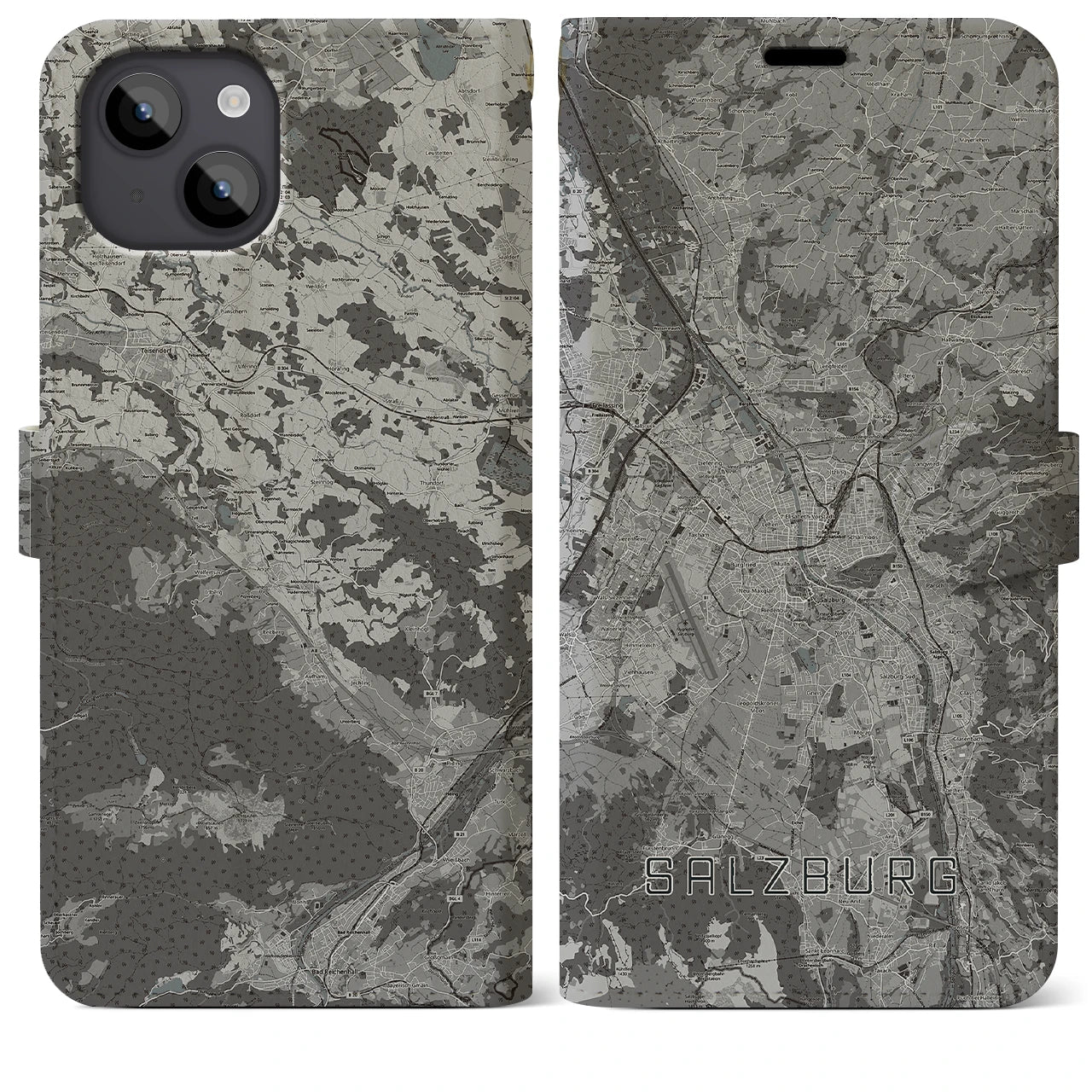 【ザルツブルク(オーストリア)】地図柄iPhoneケース(手帳タイプ)モノトーン・iPhone 14 Plus 用