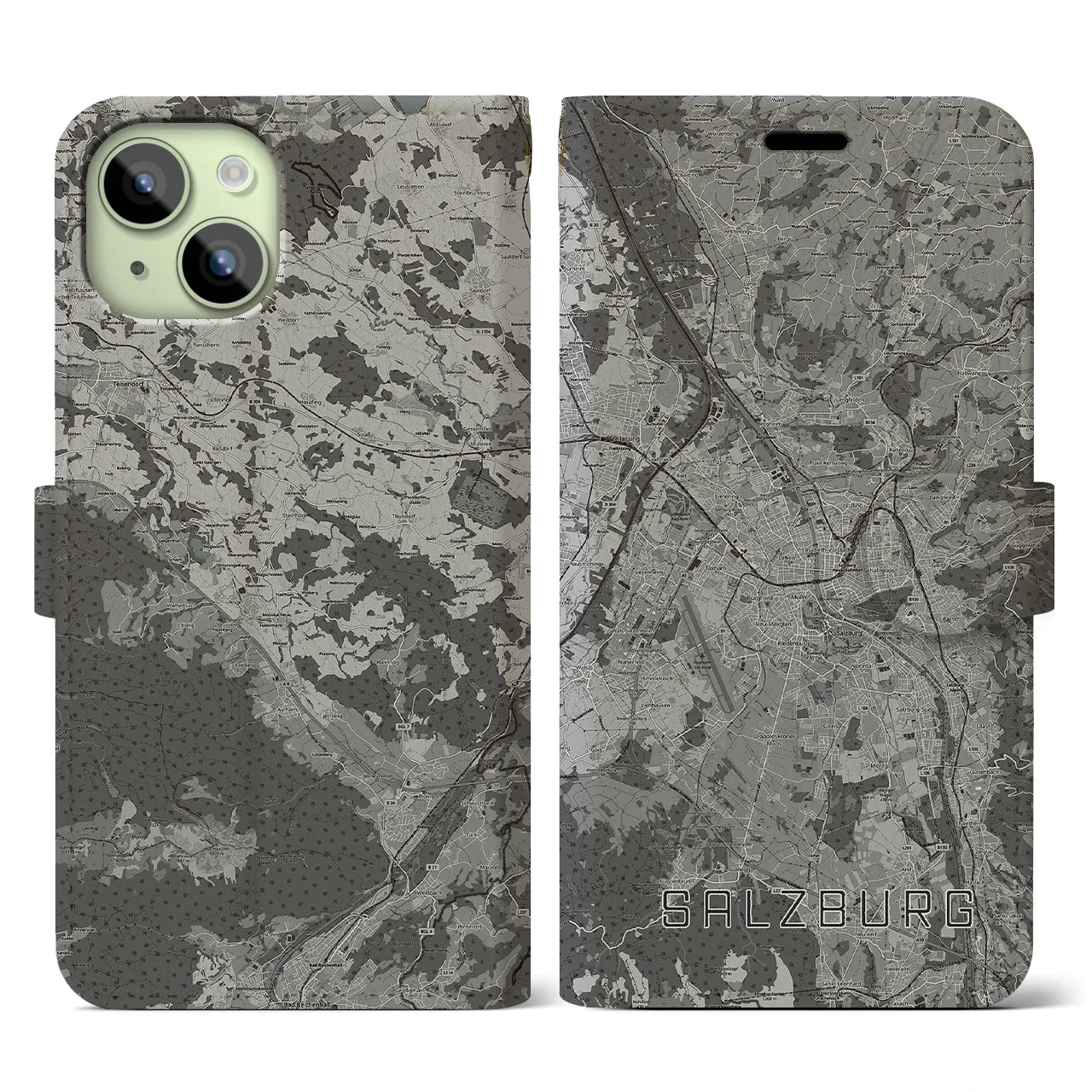 【ザルツブルク(オーストリア)】地図柄iPhoneケース(手帳タイプ)モノトーン・iPhone 15 用