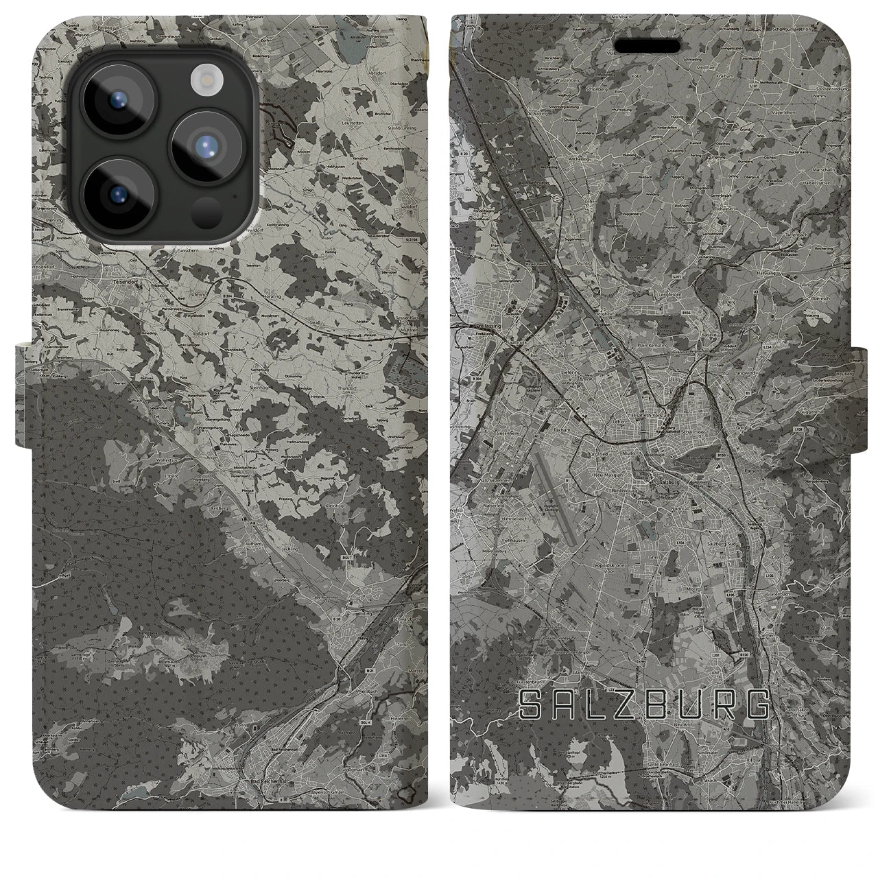 【ザルツブルク(オーストリア)】地図柄iPhoneケース(手帳タイプ)モノトーン・iPhone 15 Pro Max 用