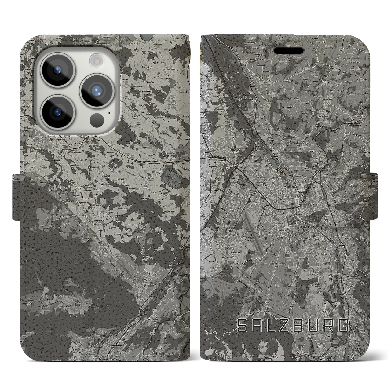 【ザルツブルク(オーストリア)】地図柄iPhoneケース(手帳タイプ)モノトーン・iPhone 15 Pro 用