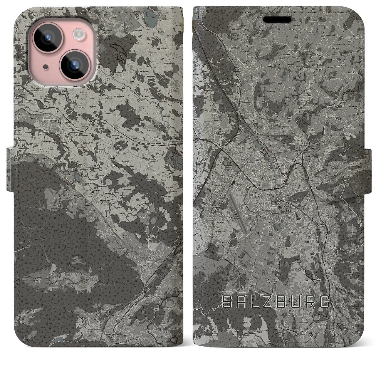 【ザルツブルク(オーストリア)】地図柄iPhoneケース(手帳タイプ)モノトーン・iPhone 15 Plus 用