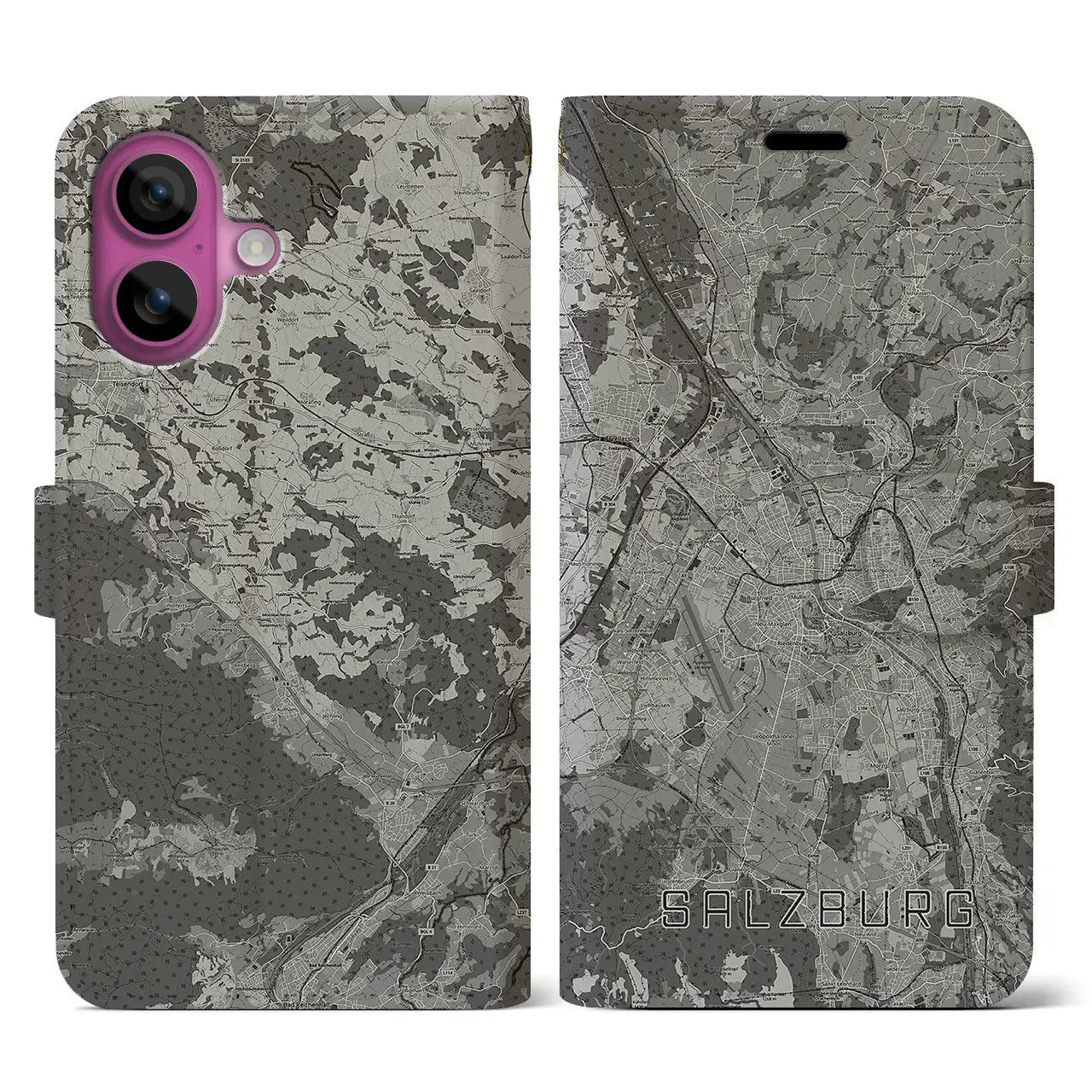 【ザルツブルク(オーストリア)】地図柄iPhoneケース(手帳タイプ)モノトーン・iPhone 16 Pro 用