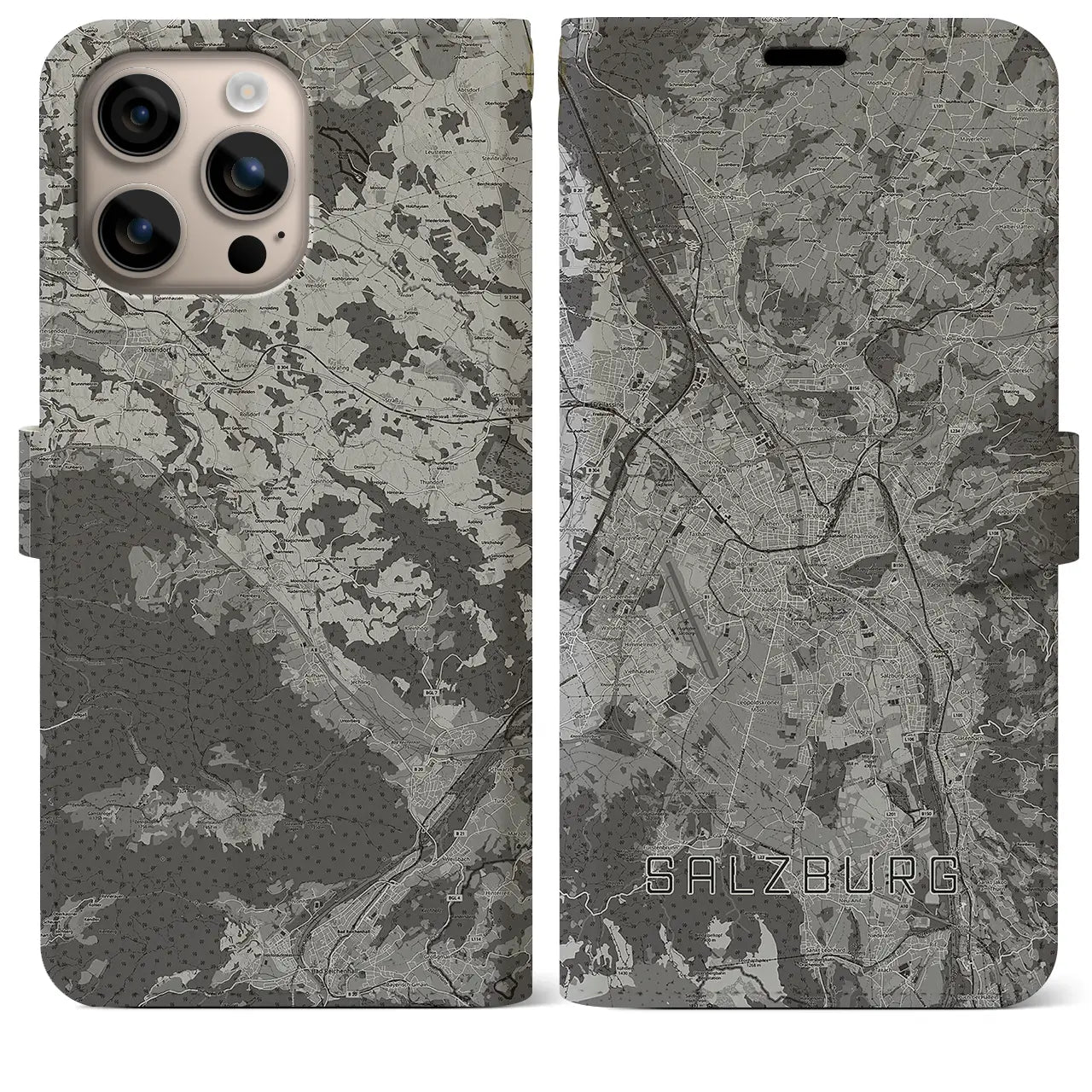 【ザルツブルク(オーストリア)】地図柄iPhoneケース(手帳タイプ)モノトーン・iPhone 16 Plus 用