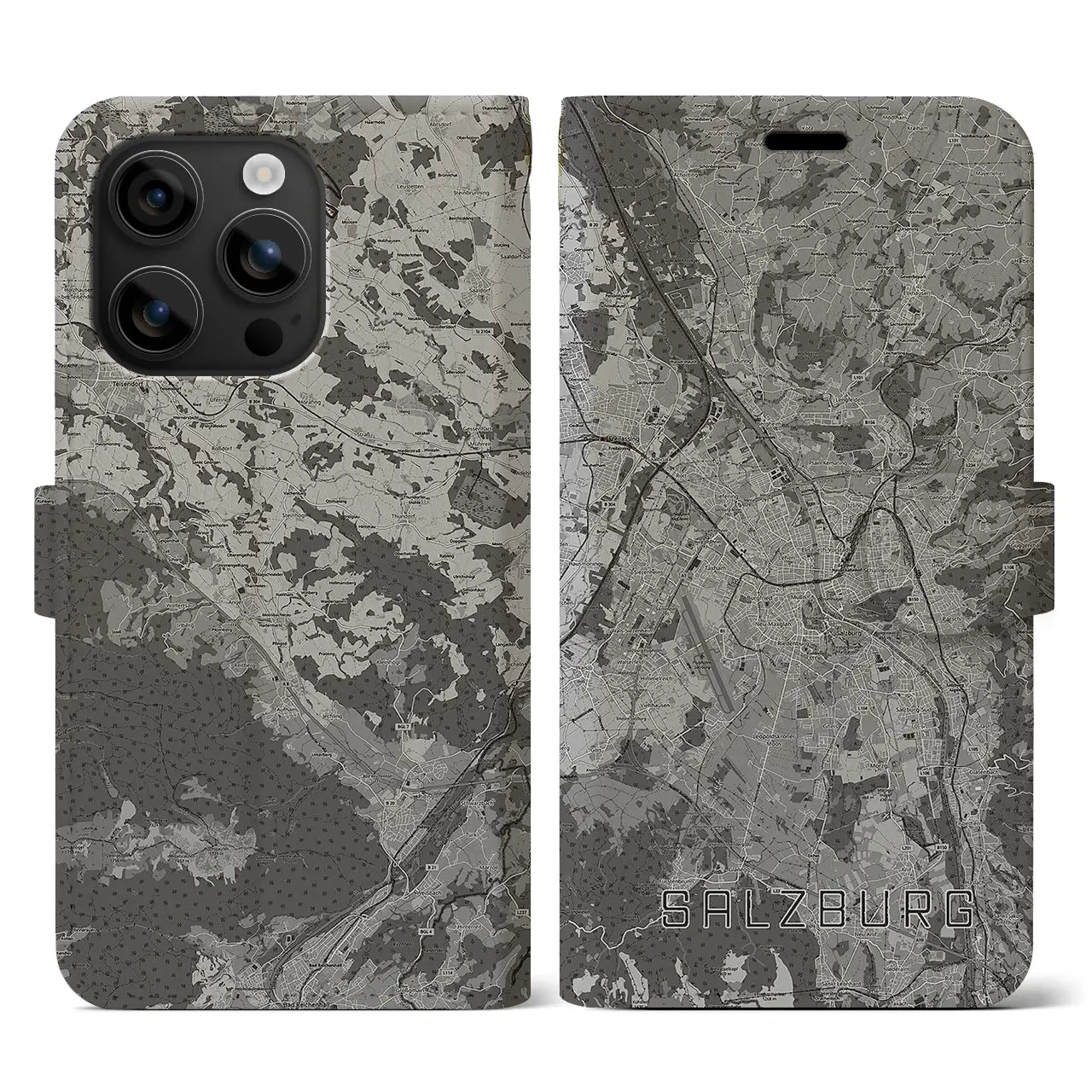 【ザルツブルク(オーストリア)】地図柄iPhoneケース(手帳タイプ)モノトーン・iPhone 16 用