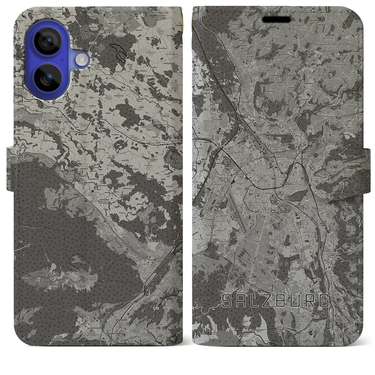 【ザルツブルク(オーストリア)】地図柄iPhoneケース(手帳タイプ)モノトーン・iPhone 16 Pro Max 用