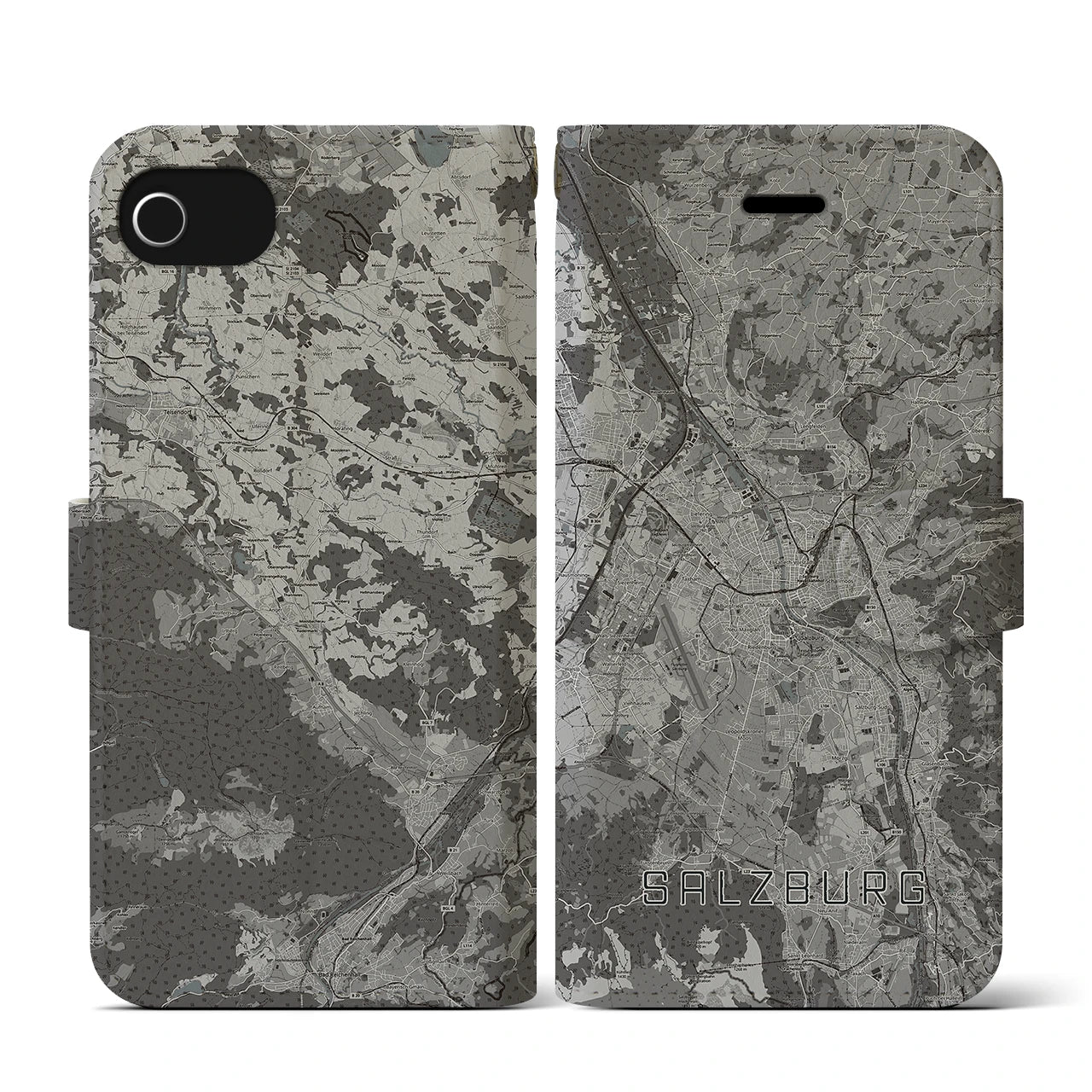 【ザルツブルク(オーストリア)】地図柄iPhoneケース(手帳タイプ)モノトーン・iPhone SE(第3 / 第2世代) / 8 / 7 / 6s / 6 用