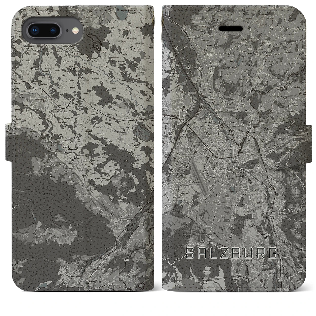 【ザルツブルク(オーストリア)】地図柄iPhoneケース(手帳タイプ)モノトーン・iPhone 8Plus /7Plus / 6sPlus / 6Plus 用