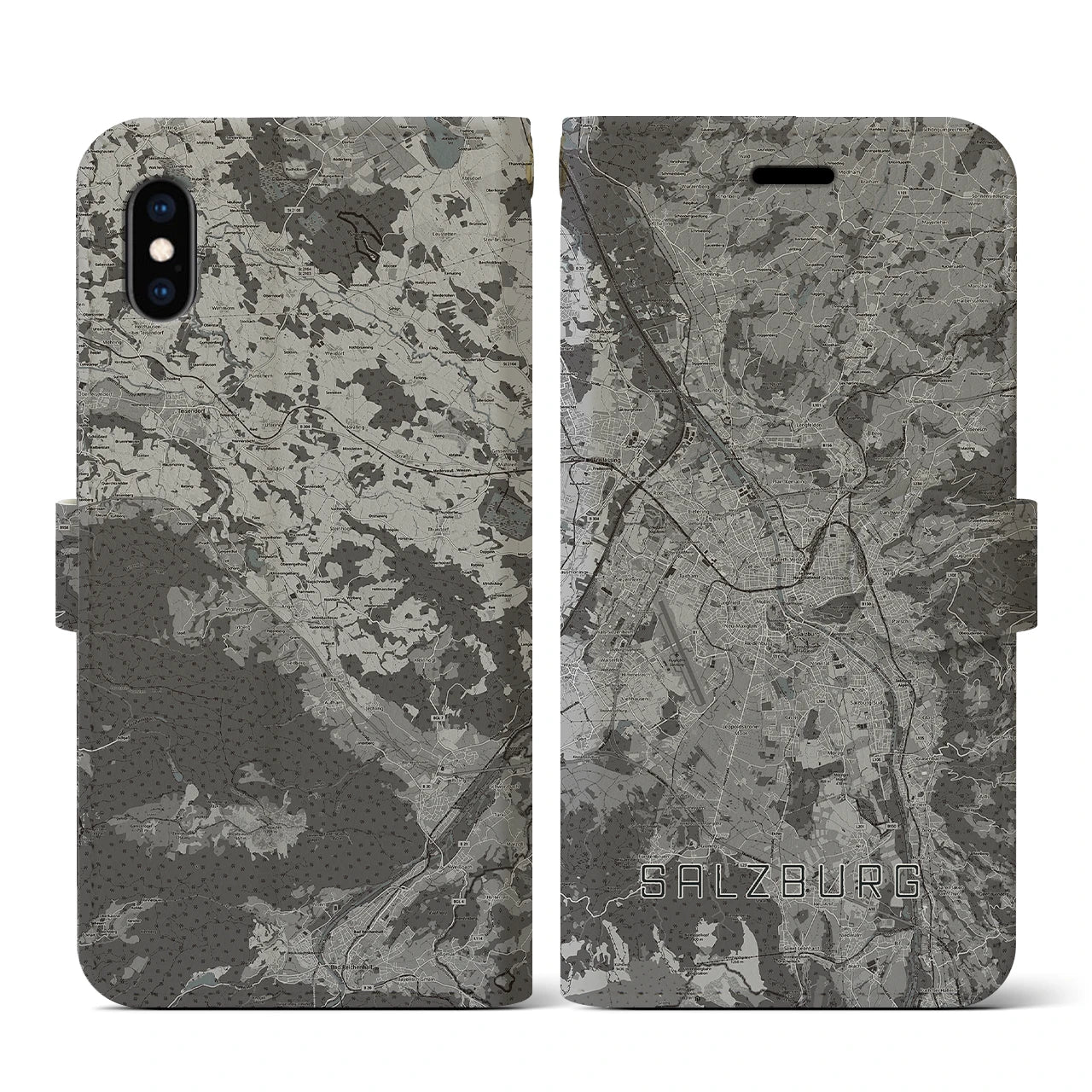 【ザルツブルク(オーストリア)】地図柄iPhoneケース(手帳タイプ)モノトーン・iPhone XS / X 用