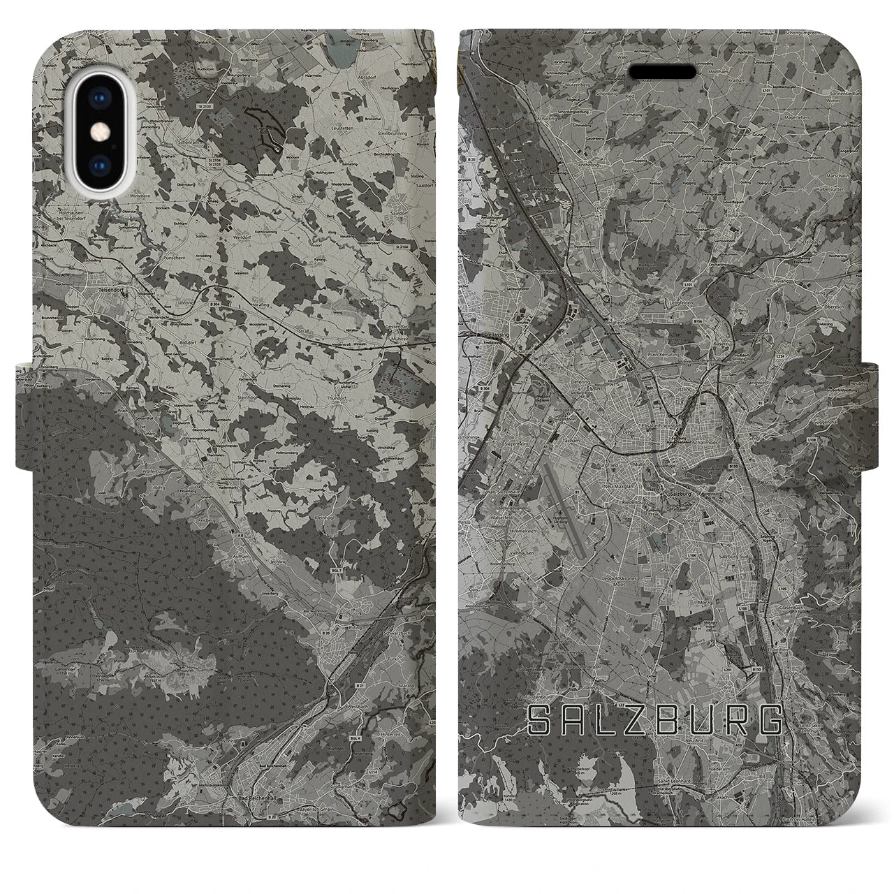 【ザルツブルク(オーストリア)】地図柄iPhoneケース(手帳タイプ)モノトーン・iPhone XS Max 用