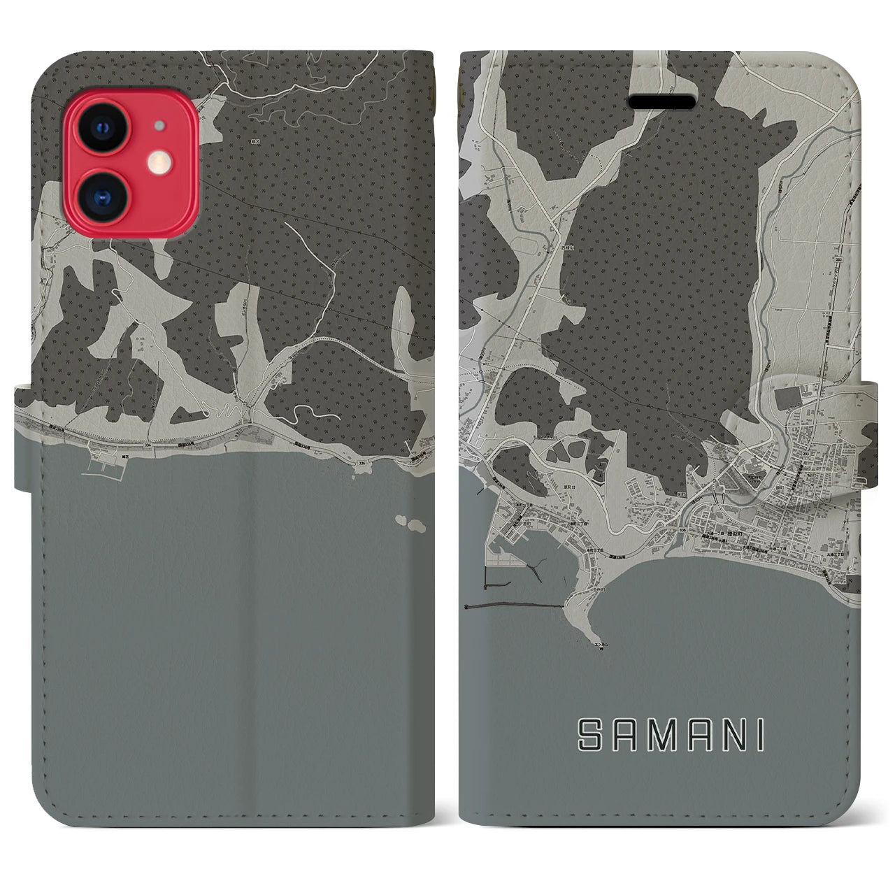 【様似(北海道)】地図柄iPhoneケース(手帳タイプ)モノトーン・iPhone 11 用