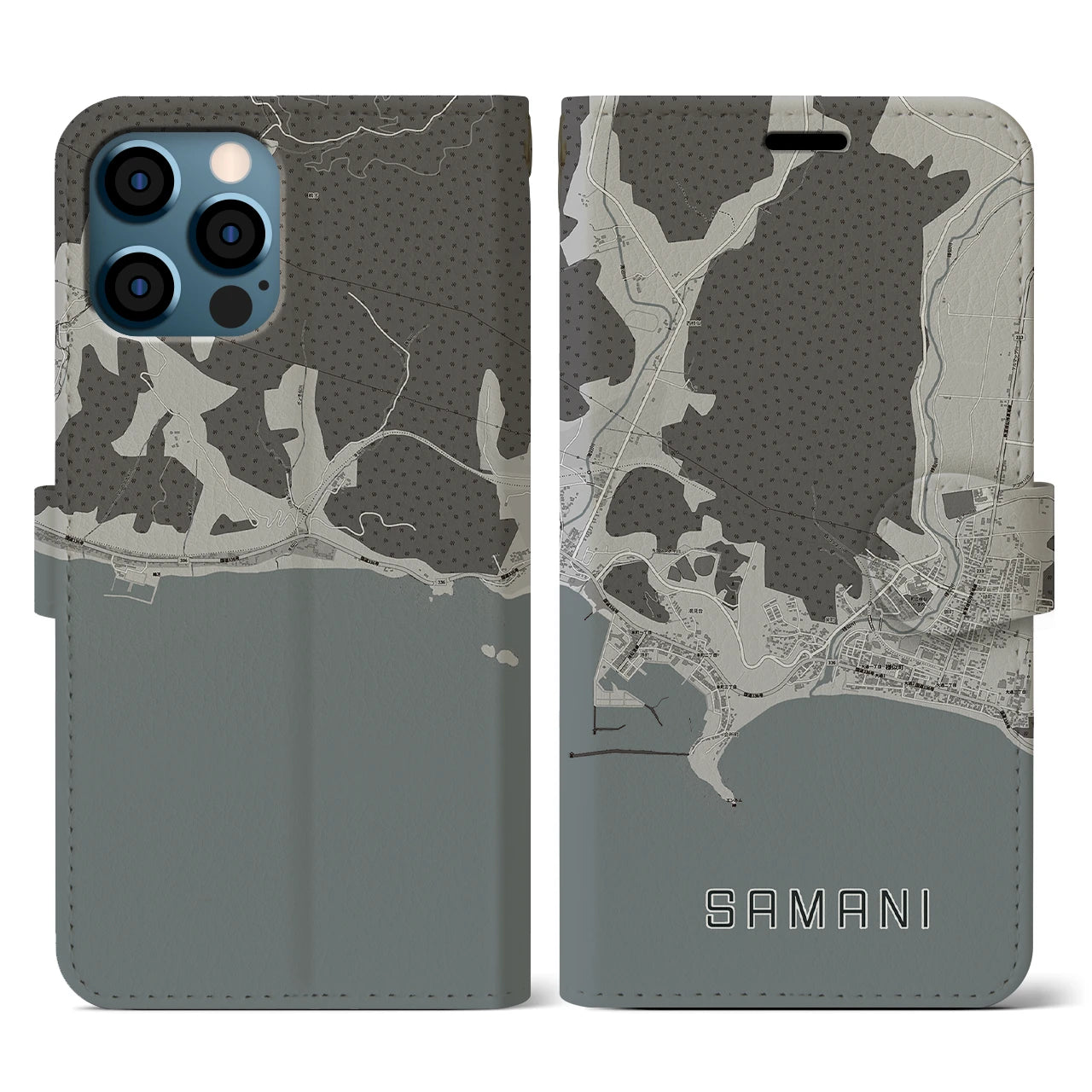 【様似(北海道)】地図柄iPhoneケース(手帳タイプ)モノトーン・iPhone 12 / 12 Pro 用