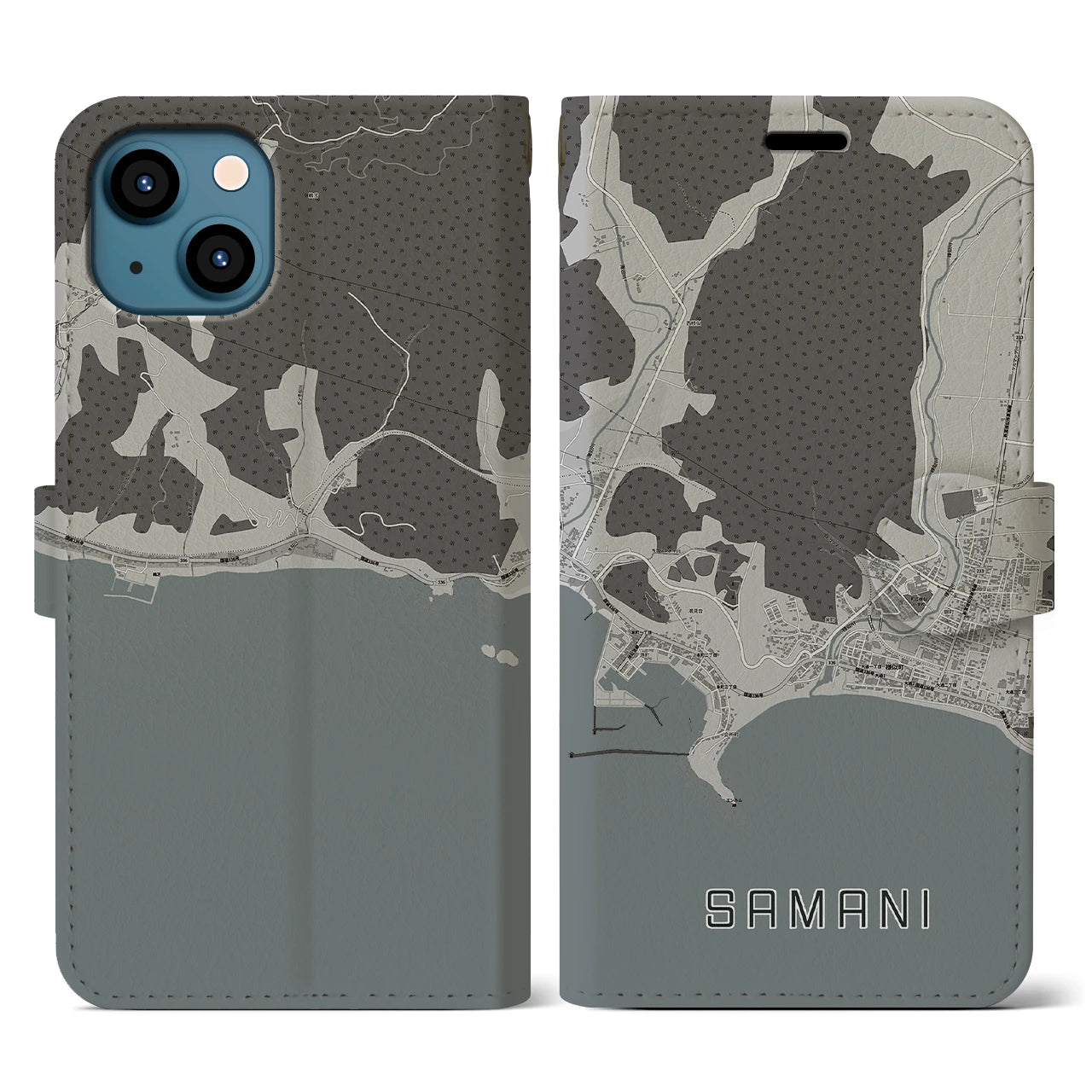 【様似(北海道)】地図柄iPhoneケース(手帳タイプ)モノトーン・iPhone 13 用