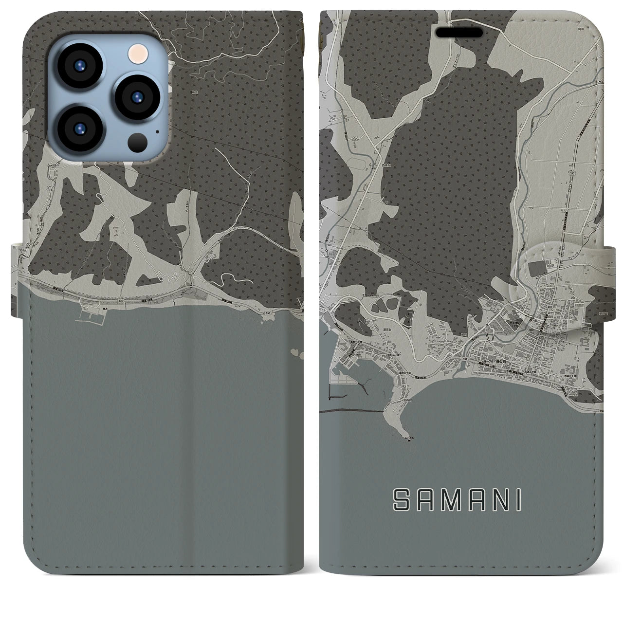 【様似(北海道)】地図柄iPhoneケース(手帳タイプ)モノトーン・iPhone 13 Pro Max 用