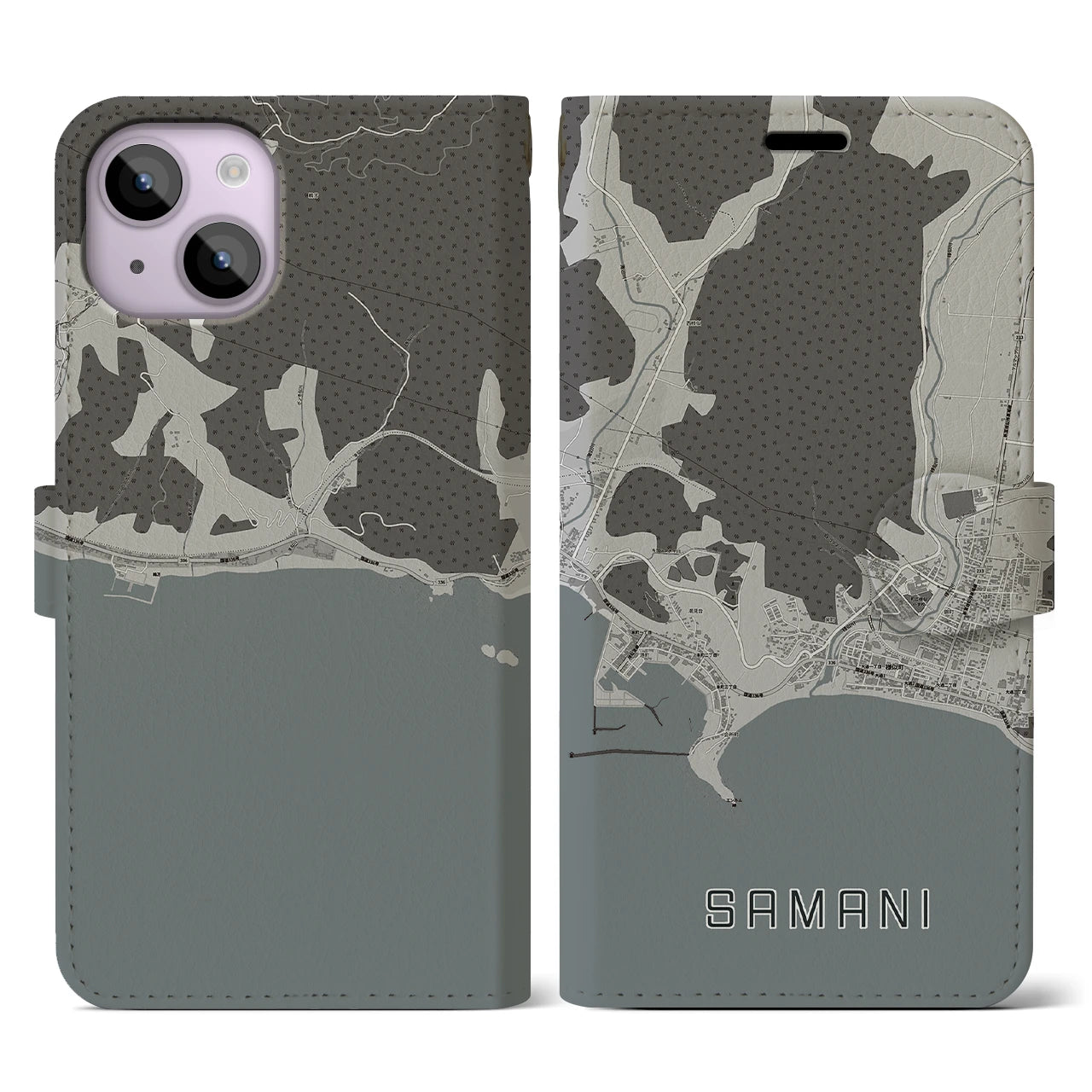 【様似(北海道)】地図柄iPhoneケース(手帳タイプ)モノトーン・iPhone 14 用