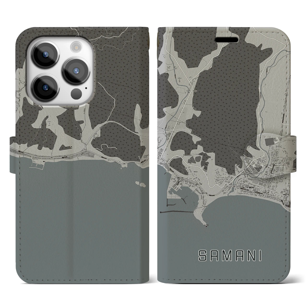 【様似(北海道)】地図柄iPhoneケース(手帳タイプ)モノトーン・iPhone 14 Pro 用