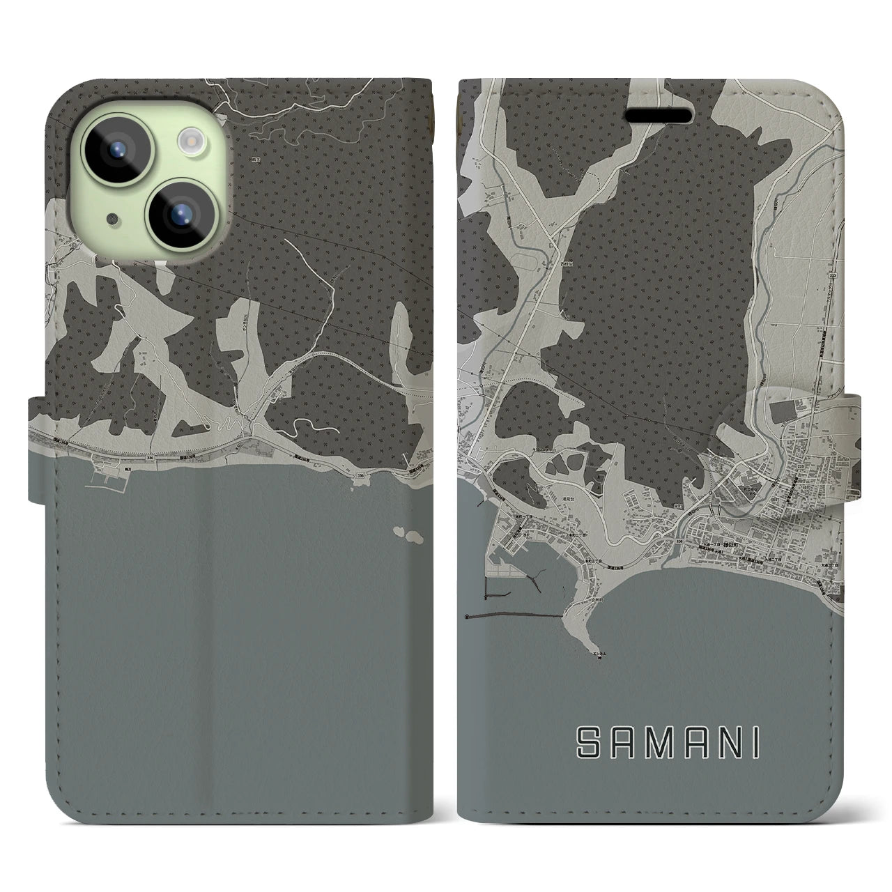 【様似(北海道)】地図柄iPhoneケース(手帳タイプ)モノトーン・iPhone 15 用