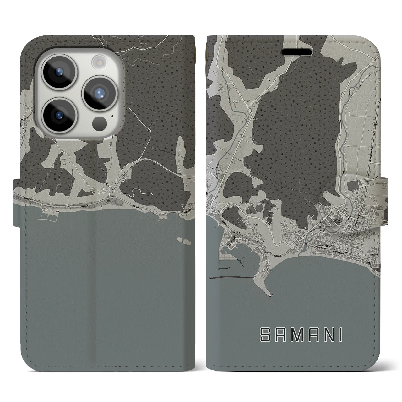 【様似(北海道)】地図柄iPhoneケース(手帳タイプ)モノトーン・iPhone 15 Pro 用