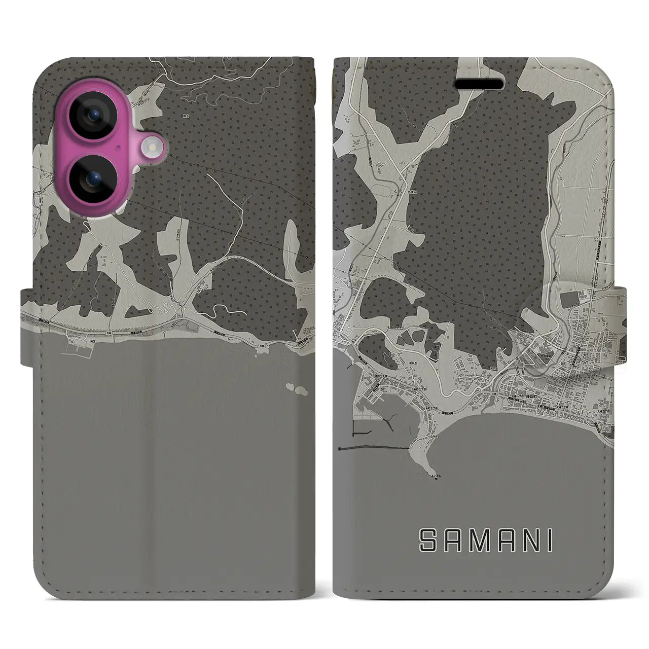 【様似(北海道)】地図柄iPhoneケース(手帳タイプ)モノトーン・iPhone 16 Pro 用