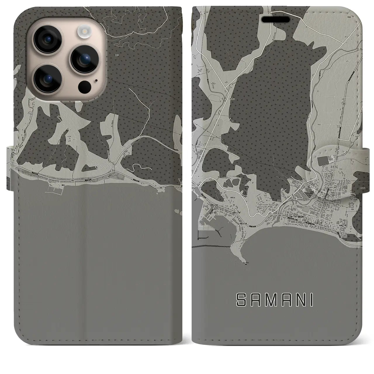 【様似(北海道)】地図柄iPhoneケース(手帳タイプ)モノトーン・iPhone 16 Plus 用