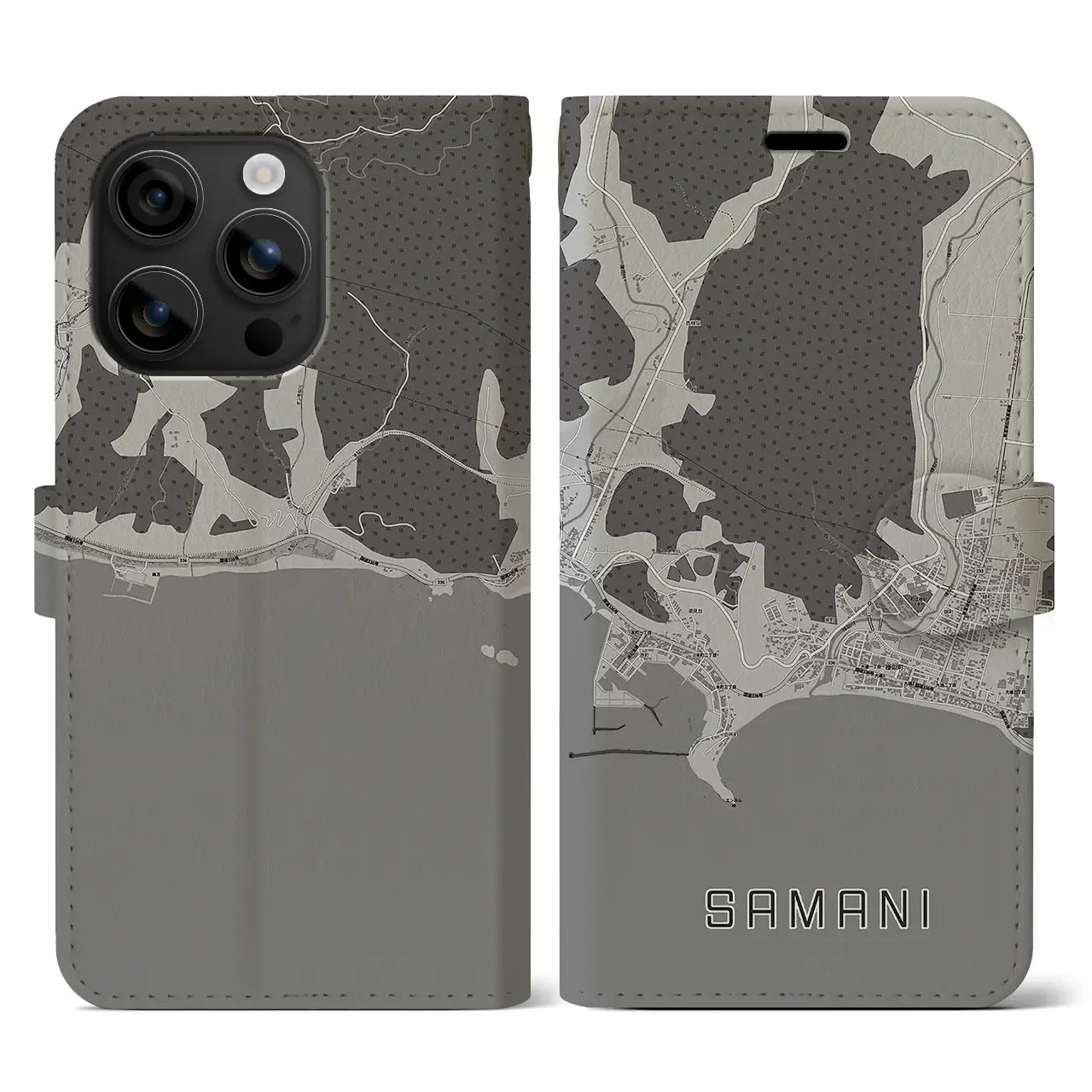 【様似(北海道)】地図柄iPhoneケース(手帳タイプ)モノトーン・iPhone 16 用