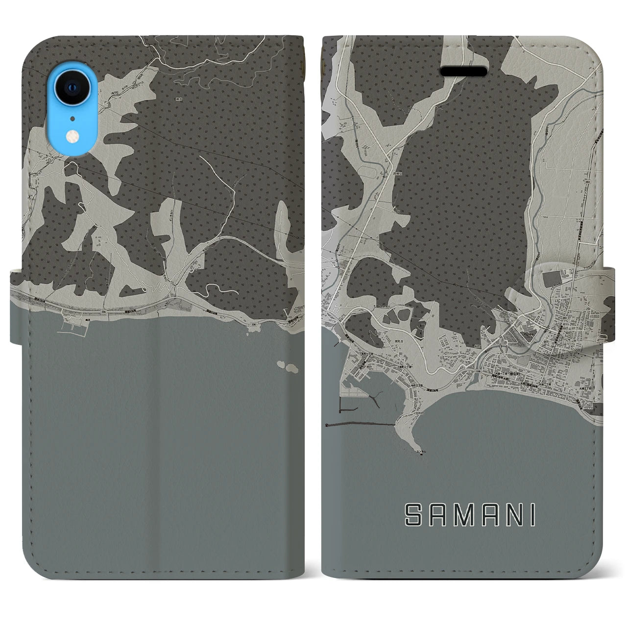 【様似(北海道)】地図柄iPhoneケース(手帳タイプ)モノトーン・iPhone XR 用