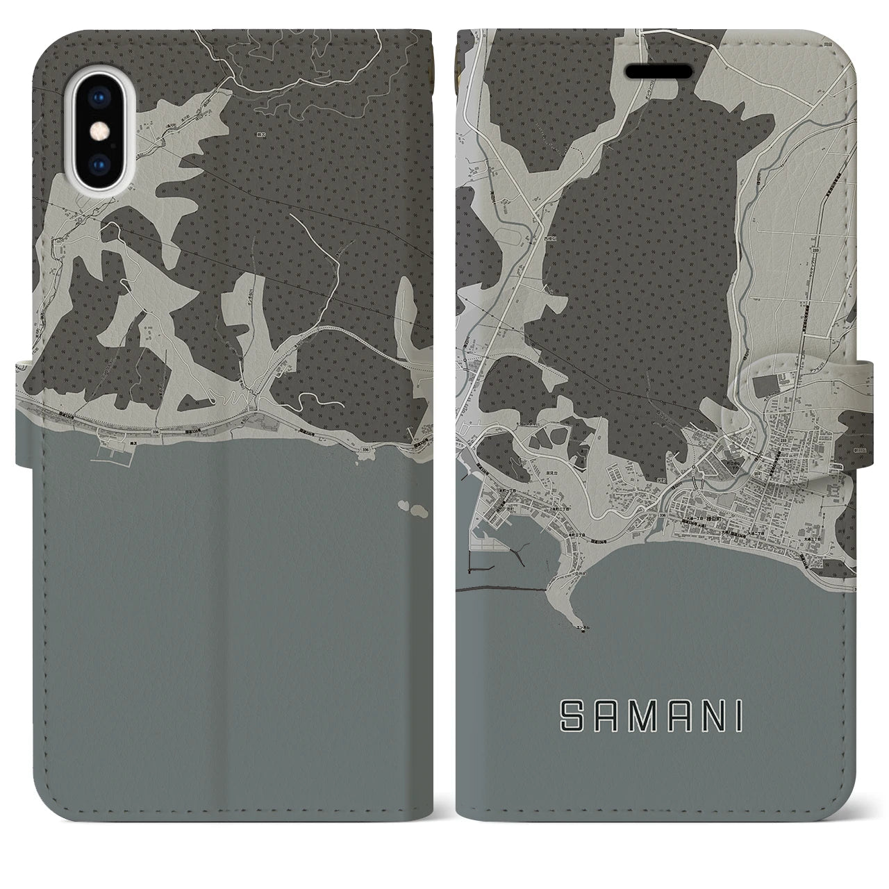 【様似(北海道)】地図柄iPhoneケース(手帳タイプ)モノトーン・iPhone XS Max 用