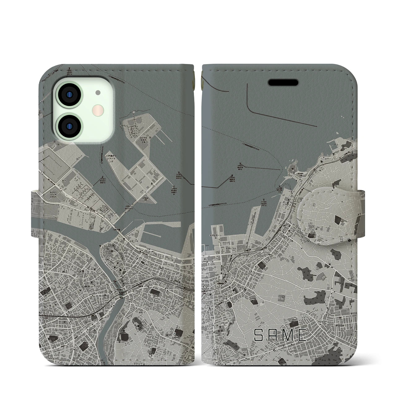 【鮫(青森県)】地図柄iPhoneケース(手帳タイプ)モノトーン・iPhone 12 mini 用