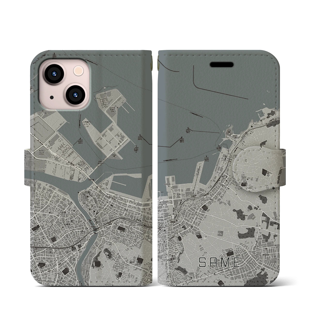 【鮫(青森県)】地図柄iPhoneケース(手帳タイプ)モノトーン・iPhone 13 mini 用