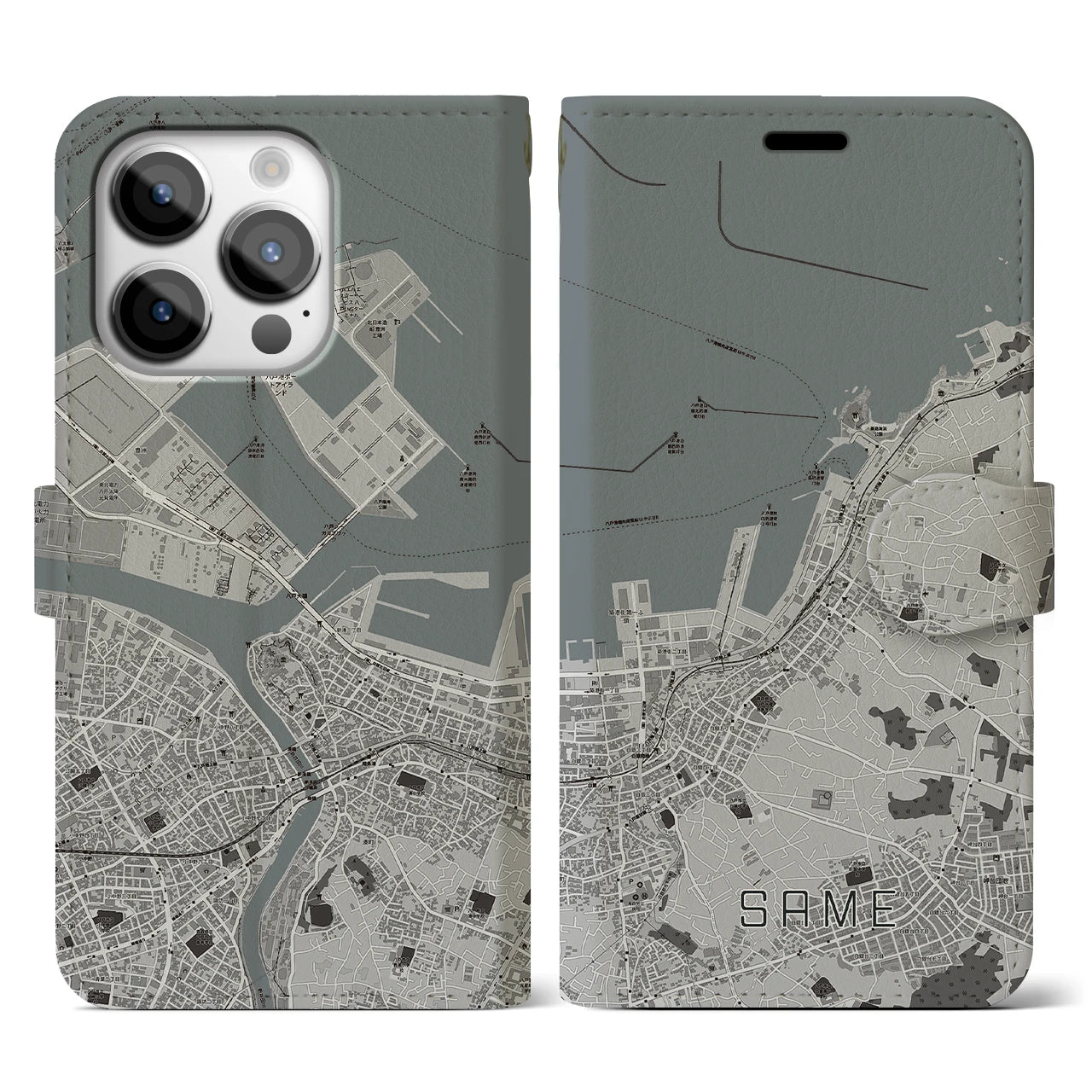 【鮫(青森県)】地図柄iPhoneケース(手帳タイプ)モノトーン・iPhone 14 Pro 用