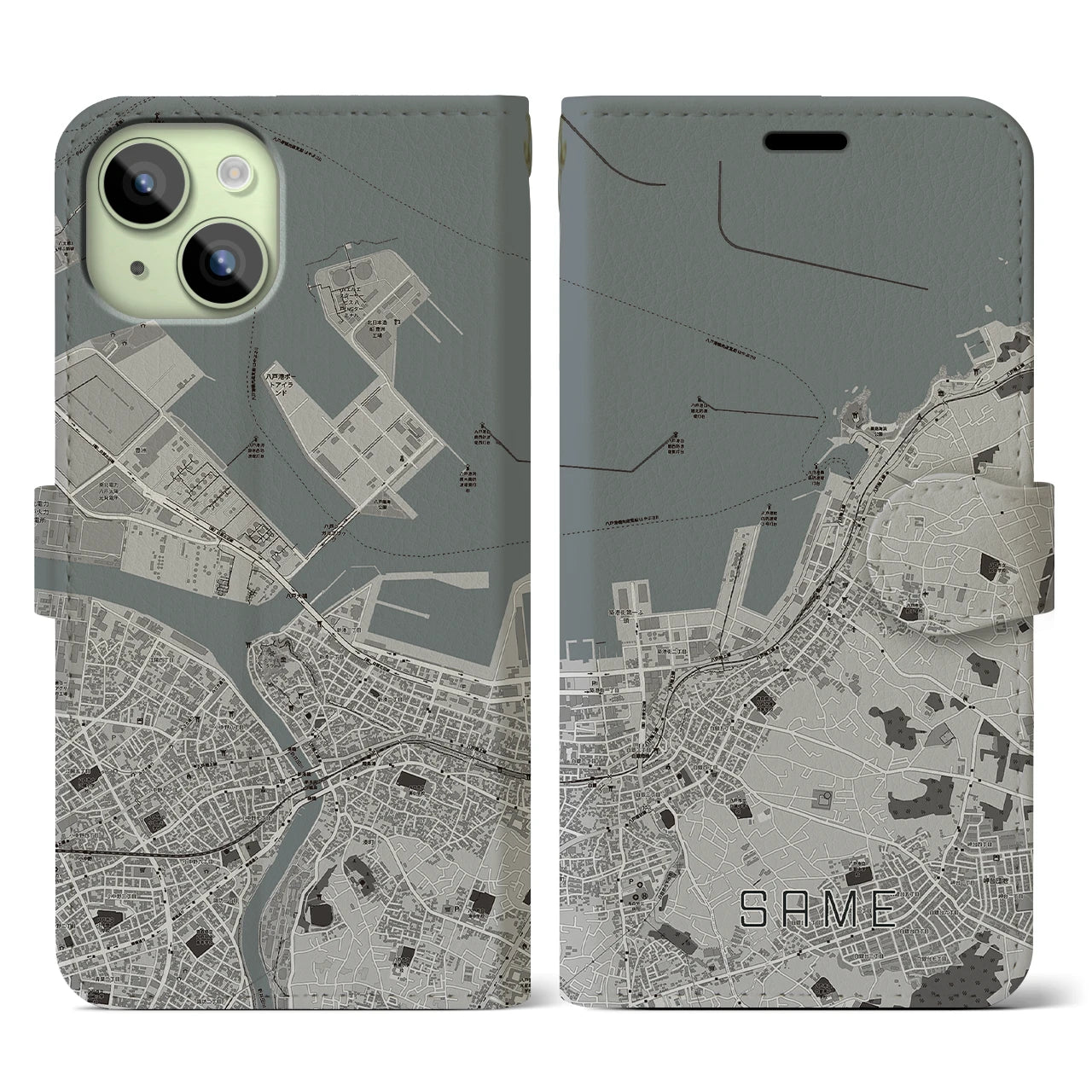 【鮫(青森県)】地図柄iPhoneケース(手帳タイプ)モノトーン・iPhone 15 用