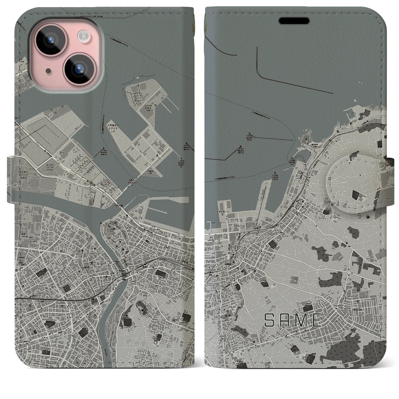 【鮫(青森県)】地図柄iPhoneケース(手帳タイプ)モノトーン・iPhone 15 Plus 用