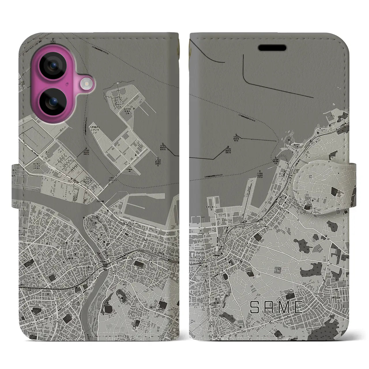 【鮫(青森県)】地図柄iPhoneケース(手帳タイプ)モノトーン・iPhone 16 Pro 用