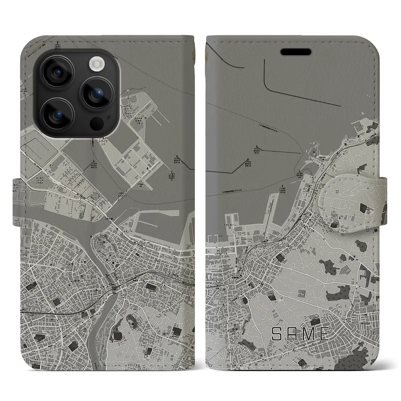 【鮫(青森県)】地図柄iPhoneケース(手帳タイプ)モノトーン・iPhone 16 用