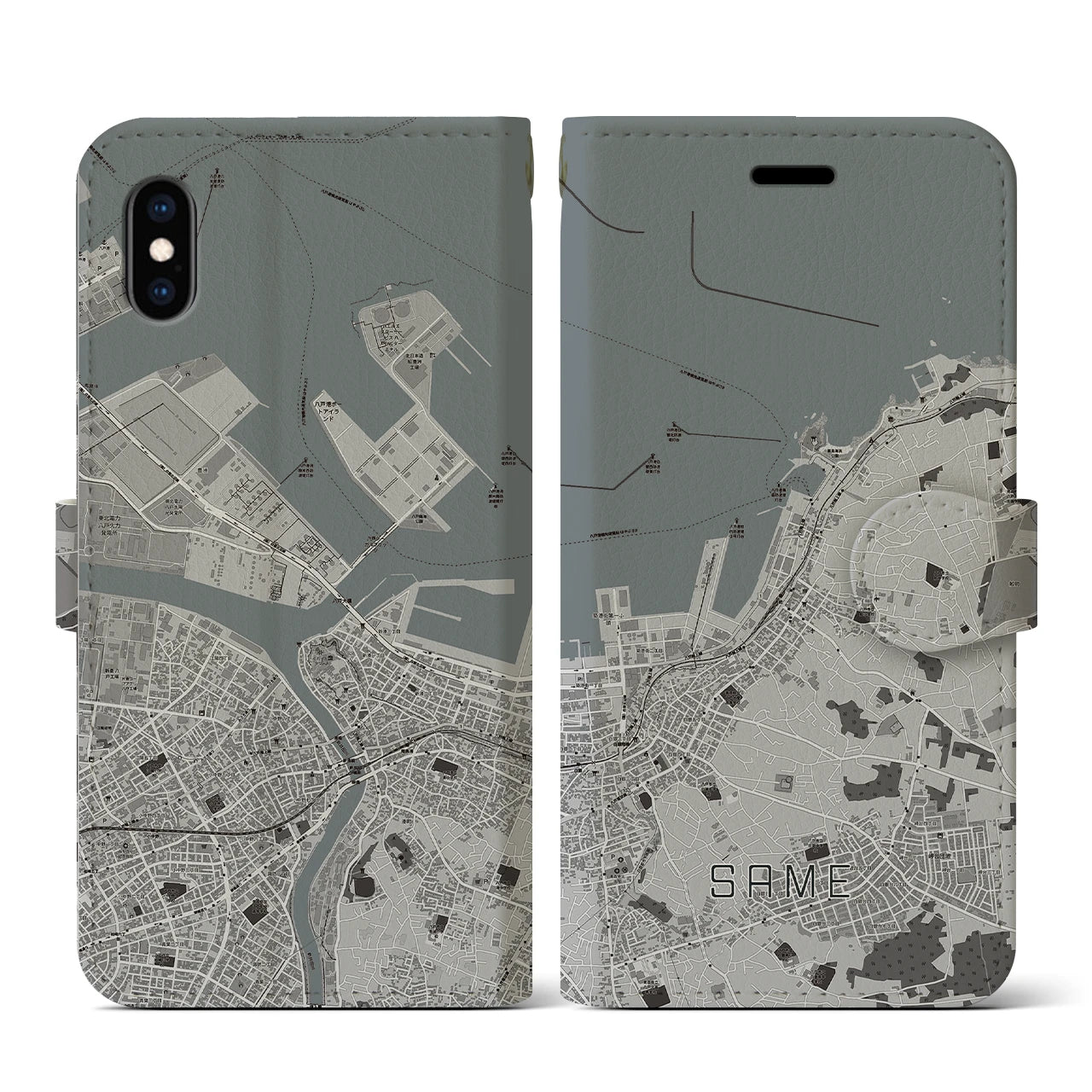 【鮫(青森県)】地図柄iPhoneケース(手帳タイプ)モノトーン・iPhone XS / X 用