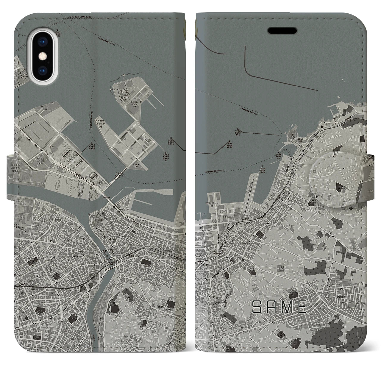 【鮫(青森県)】地図柄iPhoneケース(手帳タイプ)モノトーン・iPhone XS Max 用