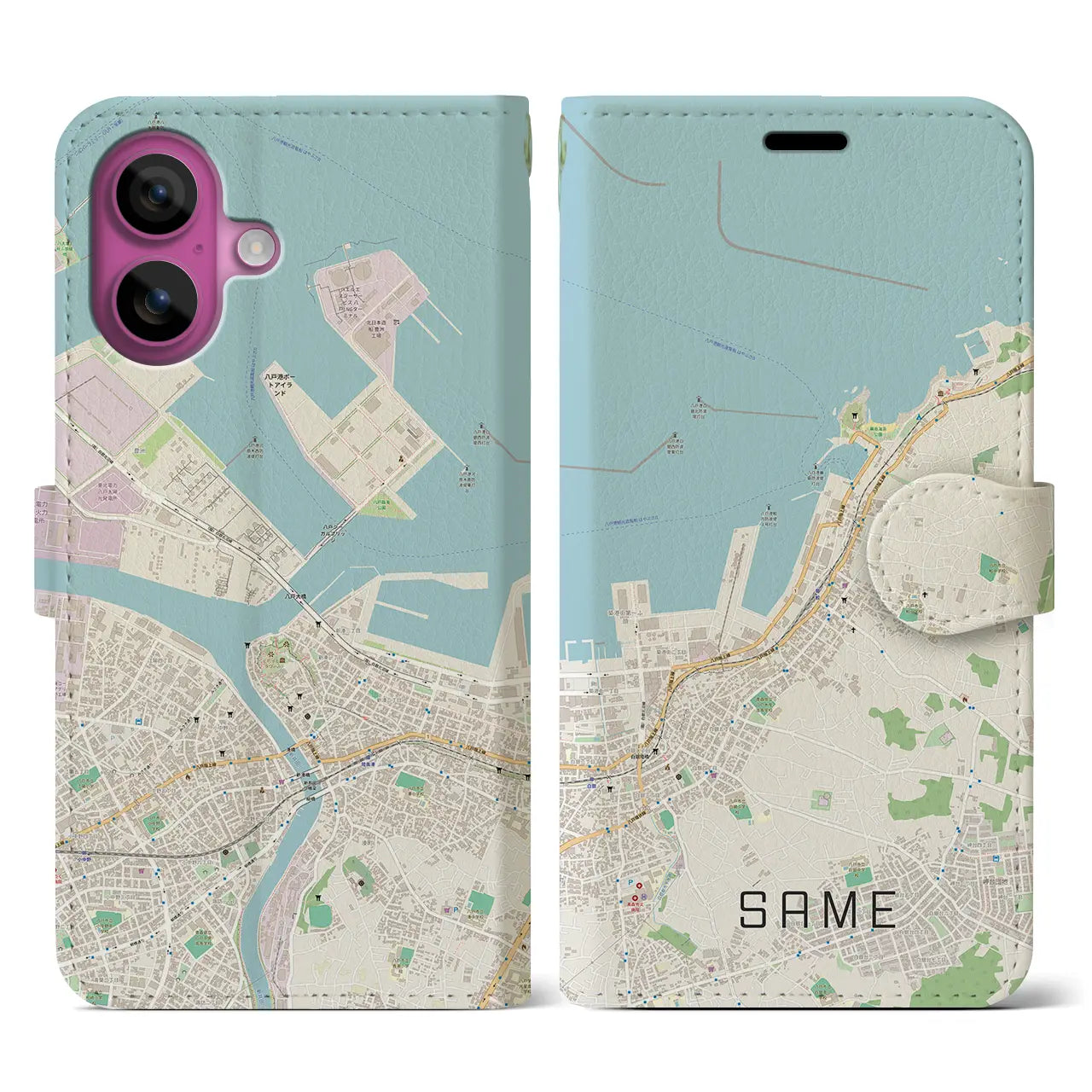 【鮫(青森県)】地図柄iPhoneケース(手帳タイプ)ナチュラル・iPhone 16 Pro 用