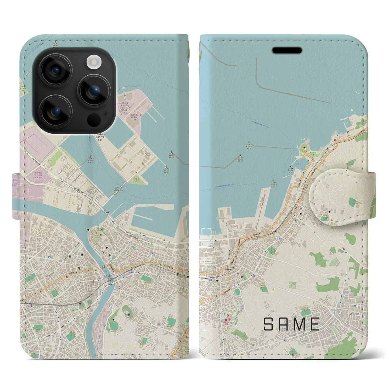 【鮫(青森県)】地図柄iPhoneケース(手帳タイプ)ナチュラル・iPhone 16 用