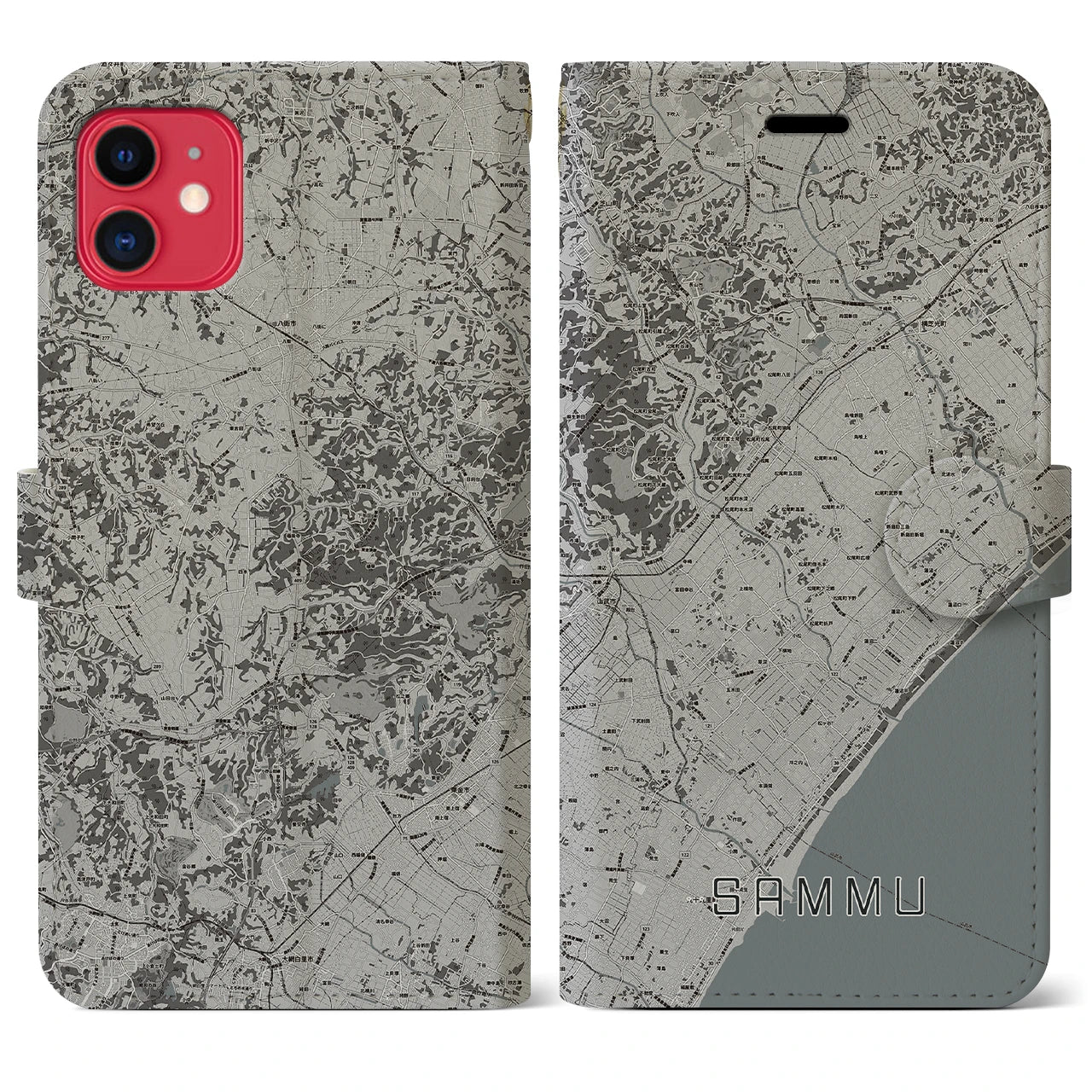 【山武(千葉県)】地図柄iPhoneケース(手帳タイプ)モノトーン・iPhone 11 用