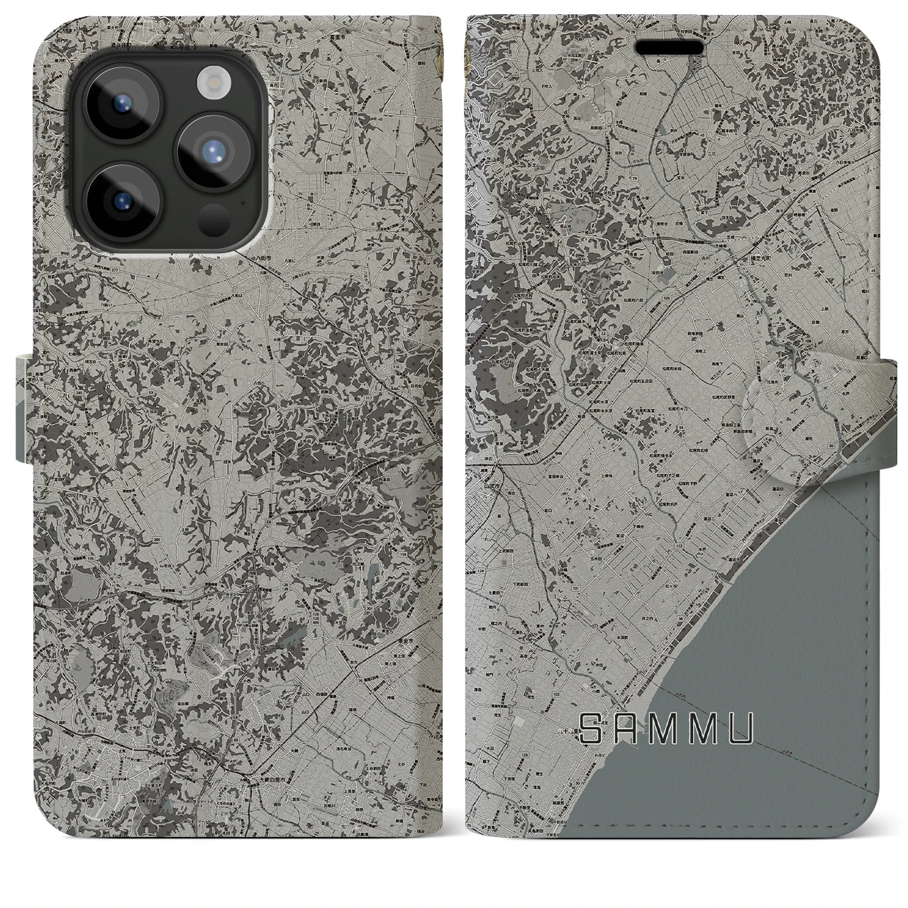 【山武(千葉県)】地図柄iPhoneケース(手帳タイプ)モノトーン・iPhone 15 Pro Max 用