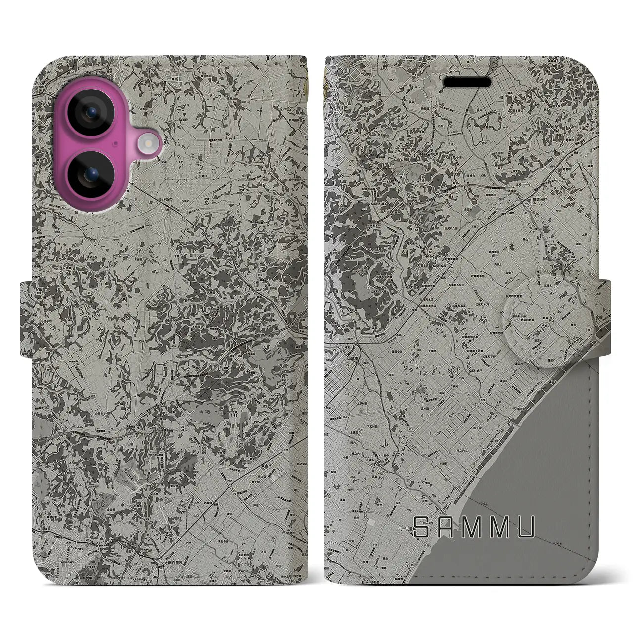 【山武(千葉県)】地図柄iPhoneケース(手帳タイプ)モノトーン・iPhone 16 Pro 用