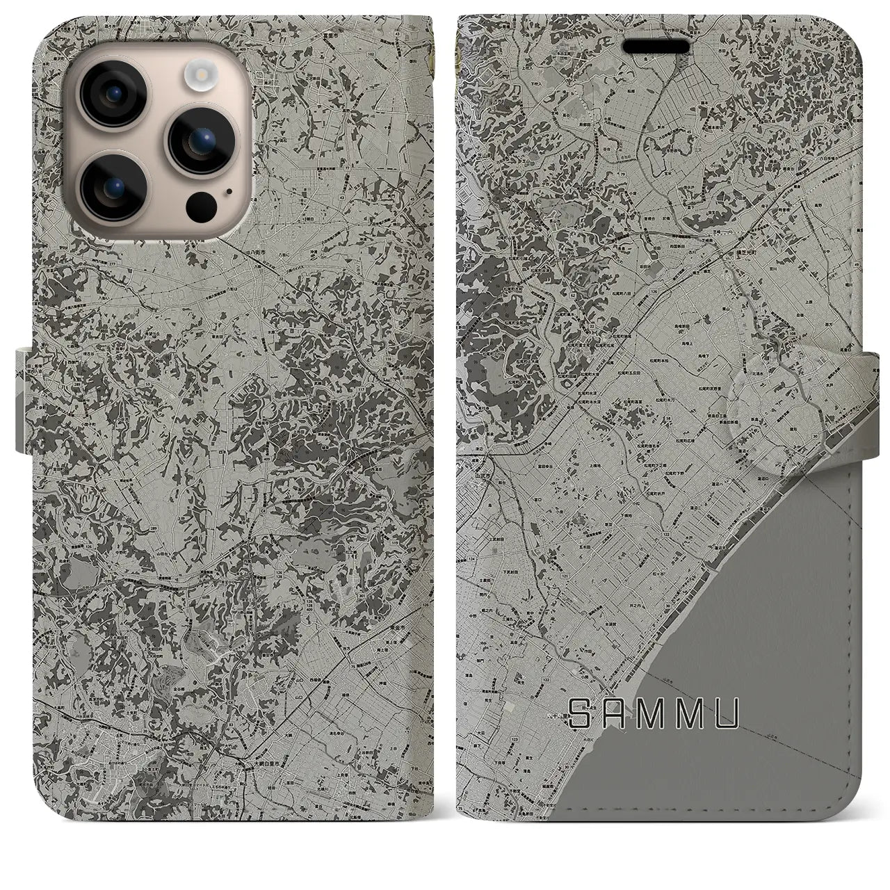 【山武(千葉県)】地図柄iPhoneケース(手帳タイプ)モノトーン・iPhone 16 Plus 用