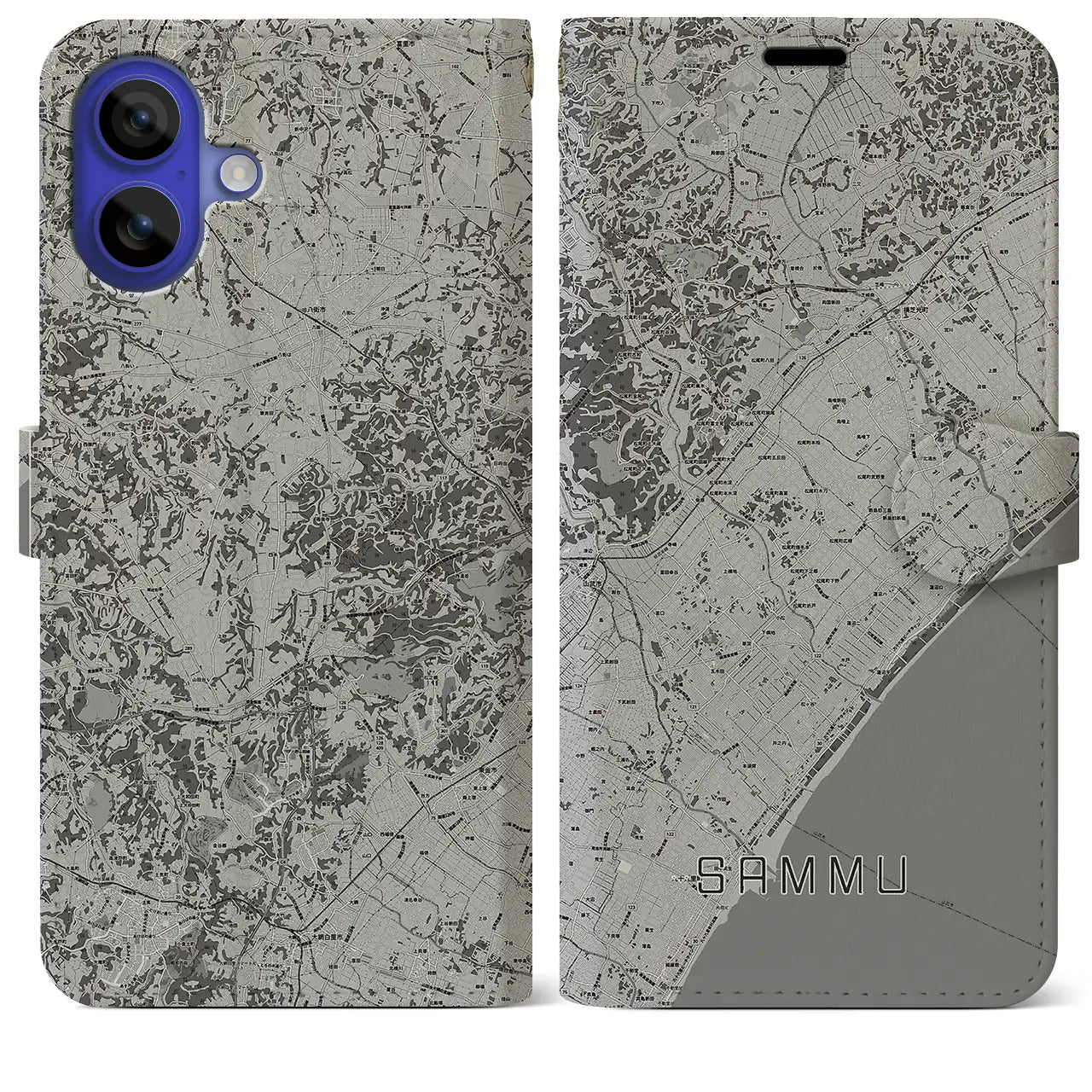 【山武(千葉県)】地図柄iPhoneケース(手帳タイプ)モノトーン・iPhone 16 Pro Max 用