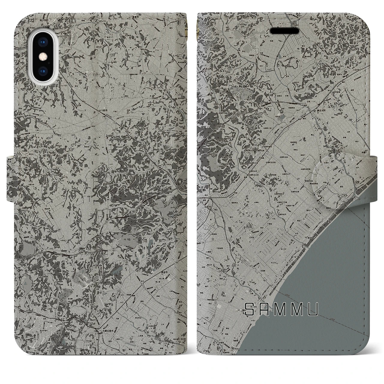 【山武(千葉県)】地図柄iPhoneケース(手帳タイプ)モノトーン・iPhone XS Max 用