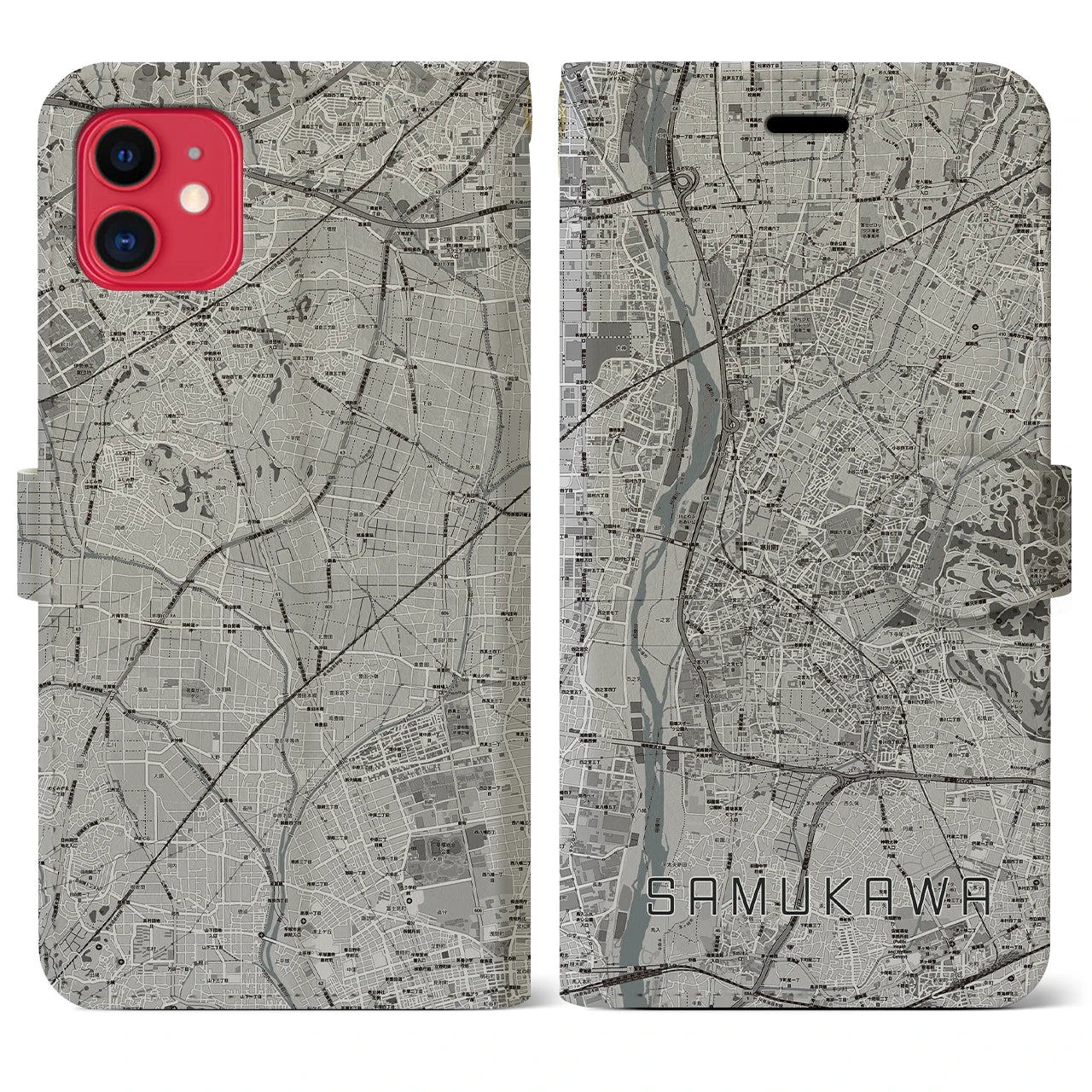 【寒川(神奈川県)】地図柄iPhoneケース(手帳タイプ)モノトーン・iPhone 11 用