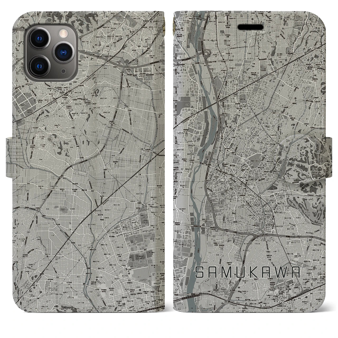 【寒川(神奈川県)】地図柄iPhoneケース(手帳タイプ)モノトーン・iPhone 11 Pro Max 用