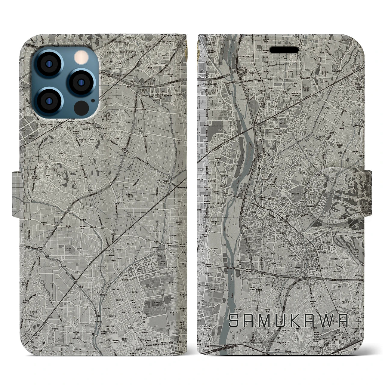 【寒川(神奈川県)】地図柄iPhoneケース(手帳タイプ)モノトーン・iPhone 12 / 12 Pro 用
